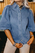 Blue Puff Half Sleeve Collared Denim Shirt