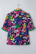 Rose Floral Print Frilled Contrast Striped Trim V Neck Short Sleeve Blouse
