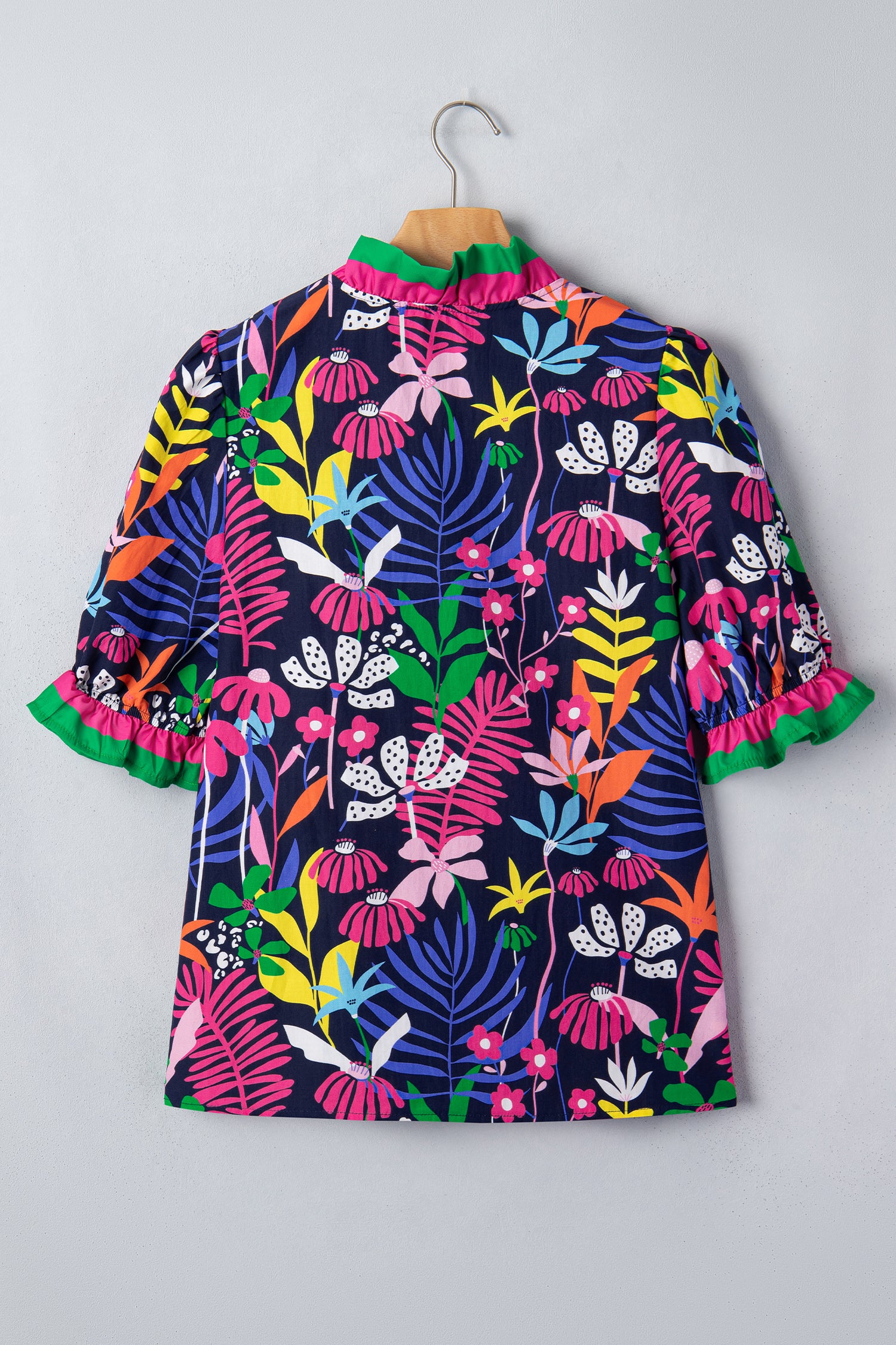 Rose Floral Print Frilled Contrast Striped Trim V Neck Short Sleeve Blouse