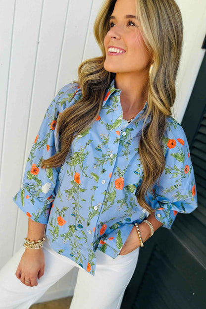 Sky Blue Floral Print Bracelet Sleeve Button Down Casual Shirt