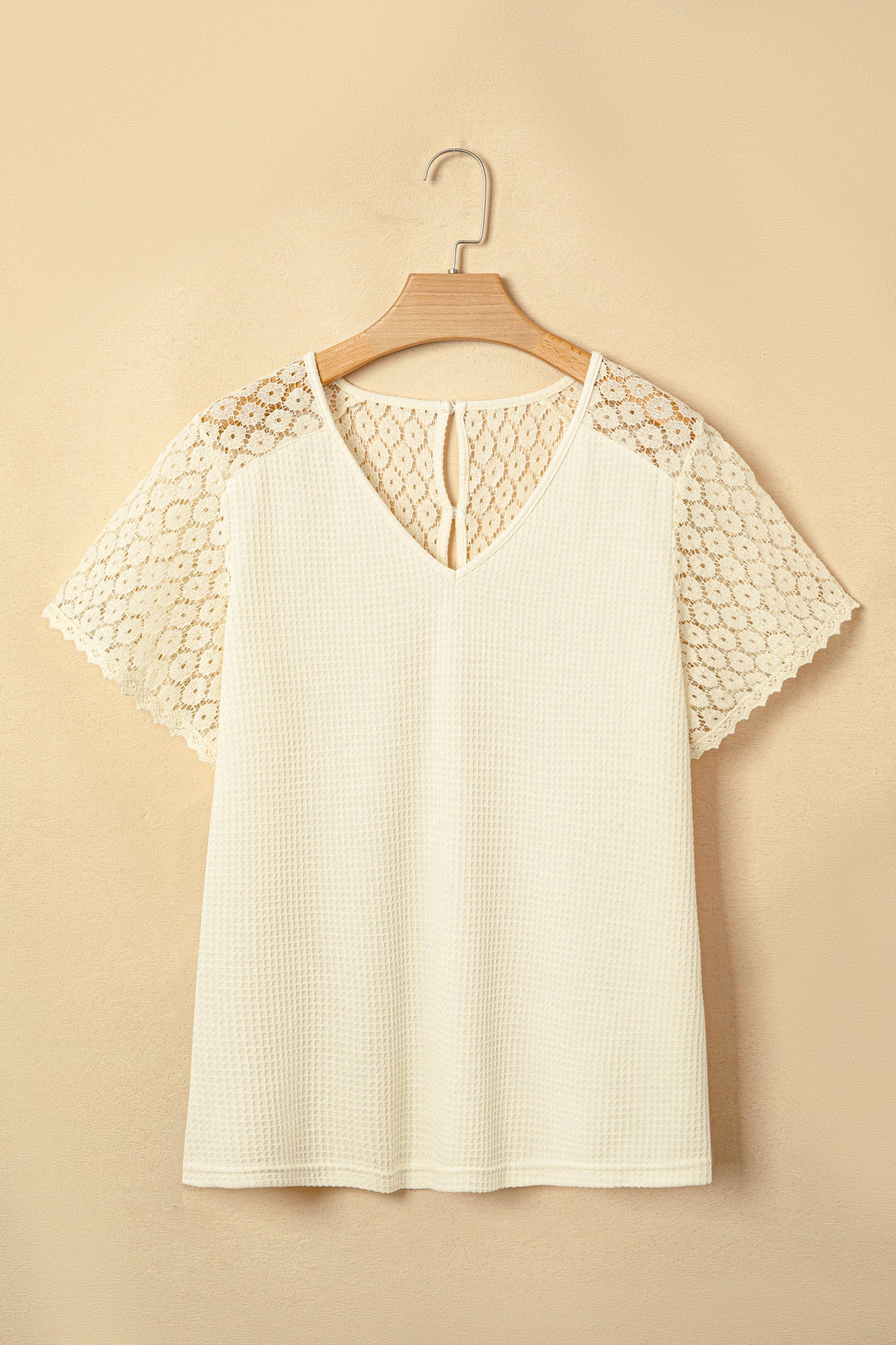 Pink Lace Splicing Button Cutout V Neck Waffle Knit Blouse