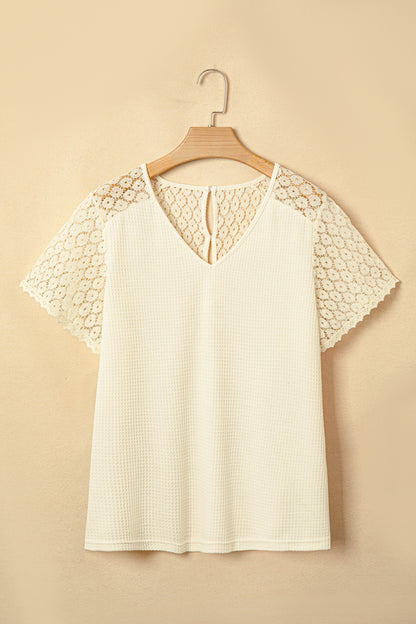 Pink Lace Splicing Button Cutout V Neck Waffle Knit Blouse