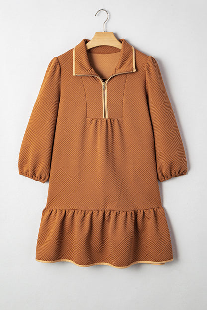 Desert Gold  Quarter Zip Collar Bracelet Sleeve Textured Mini Dress