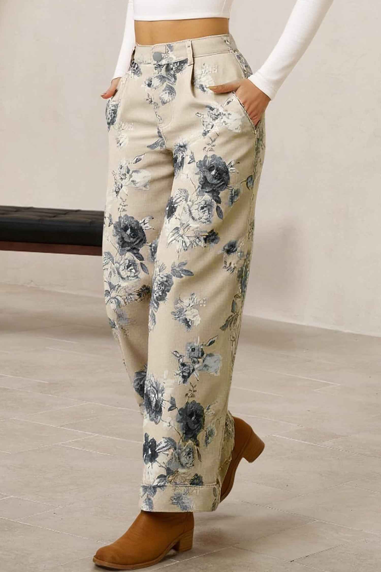 Beige Retro Floral Print Turn-up Cuffed Hem Loose Jeans