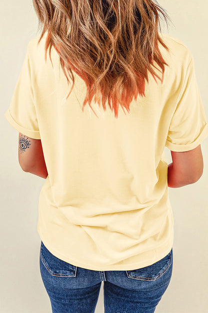 Yellow Cream Tis the Season Embroidered Fall Icons Casual Round Neck Tee