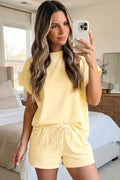 Yellow  Eyelet Lace Patchwork Sleeve Short 2pcs Outfit