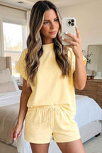 Yellow  Eyelet Lace Patchwork Sleeve Short 2pcs Outfit