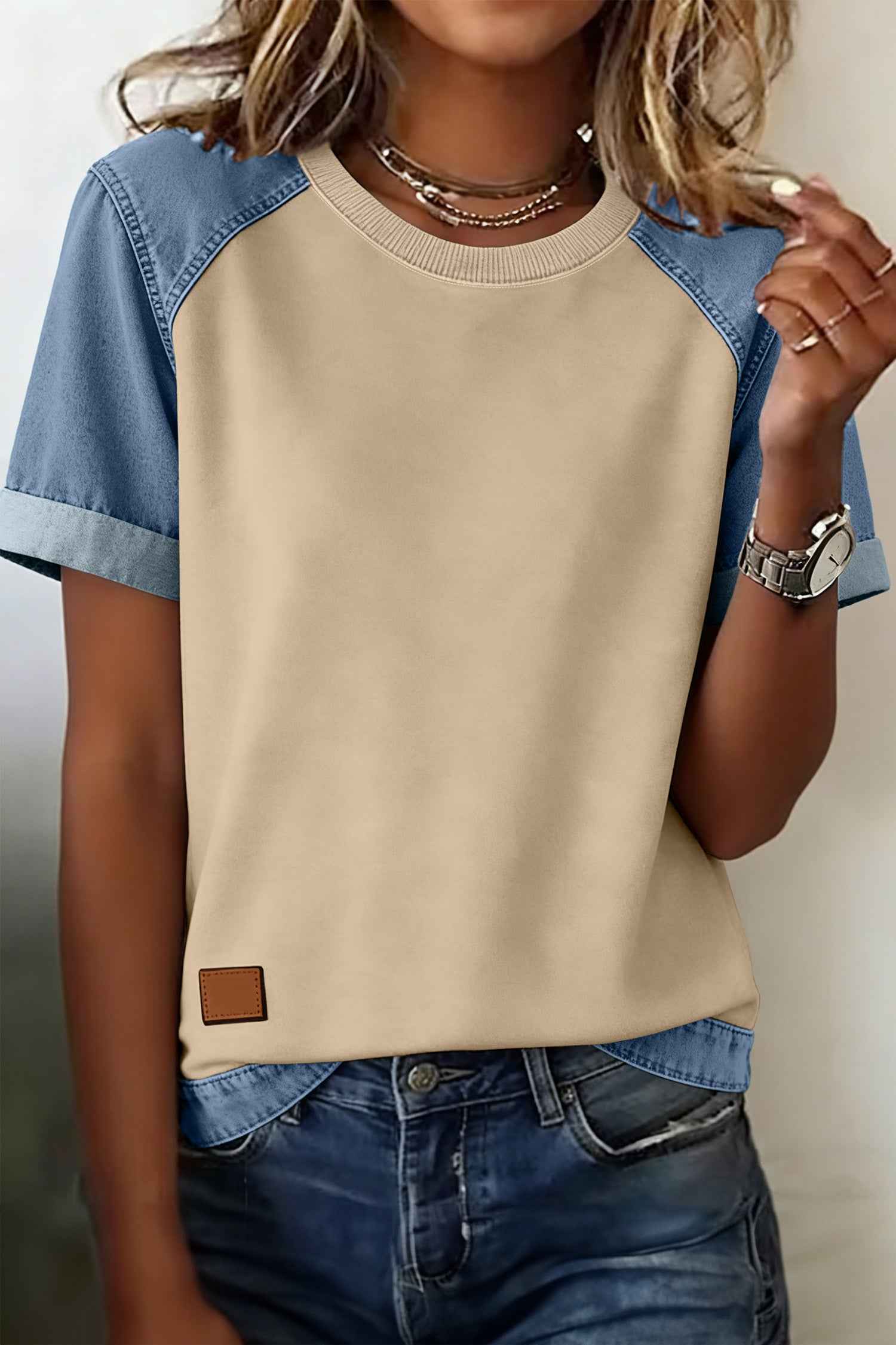 Parchment Denim Color Block Patchwork Round Neck Tee