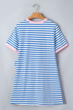 Sky Blue Stripe Nautical Tie Contrast Trim Round Neck T Shirt Mini Dress