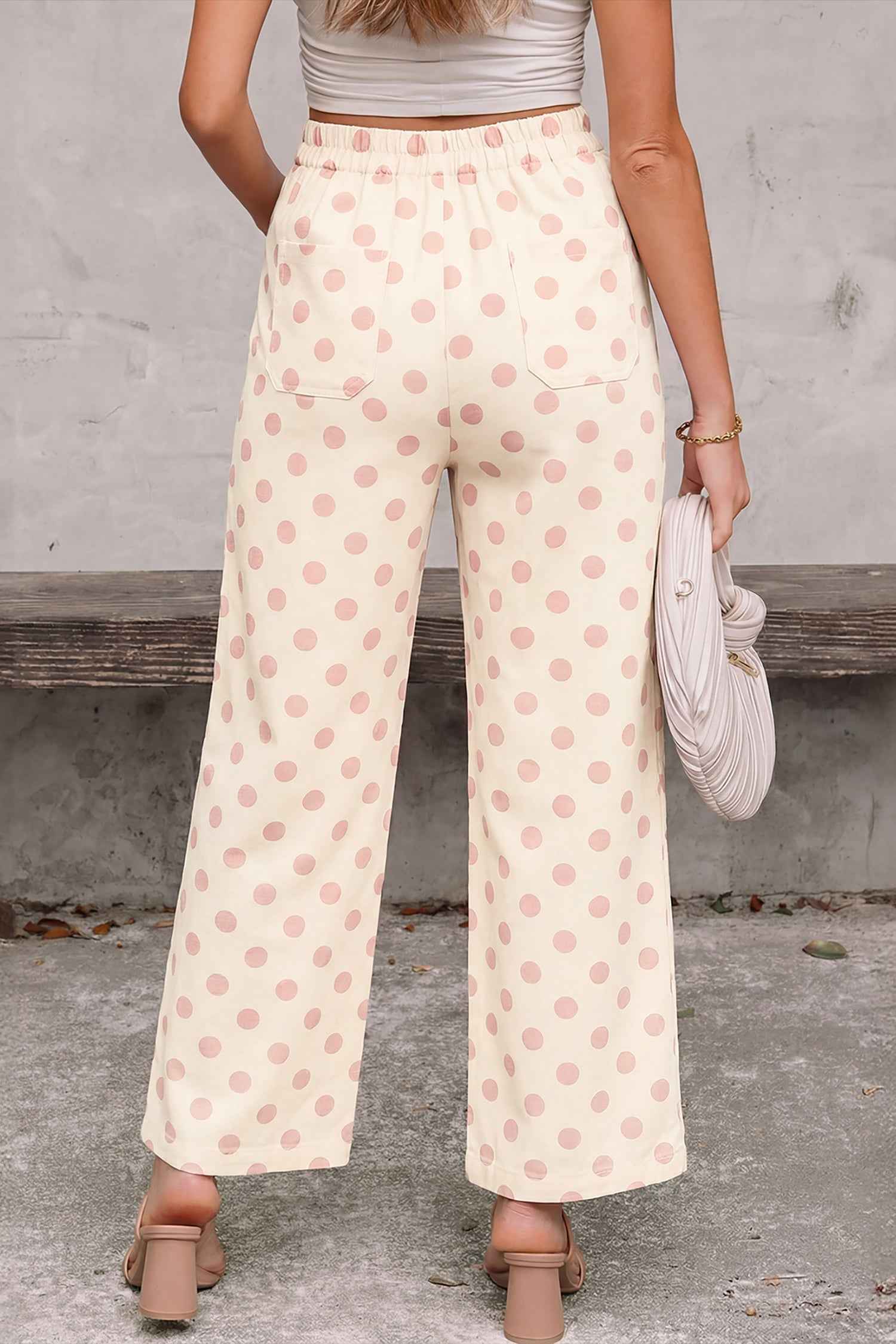 White Polka Dot Print Patched Pocket Mid-rise Straight Leg Pants