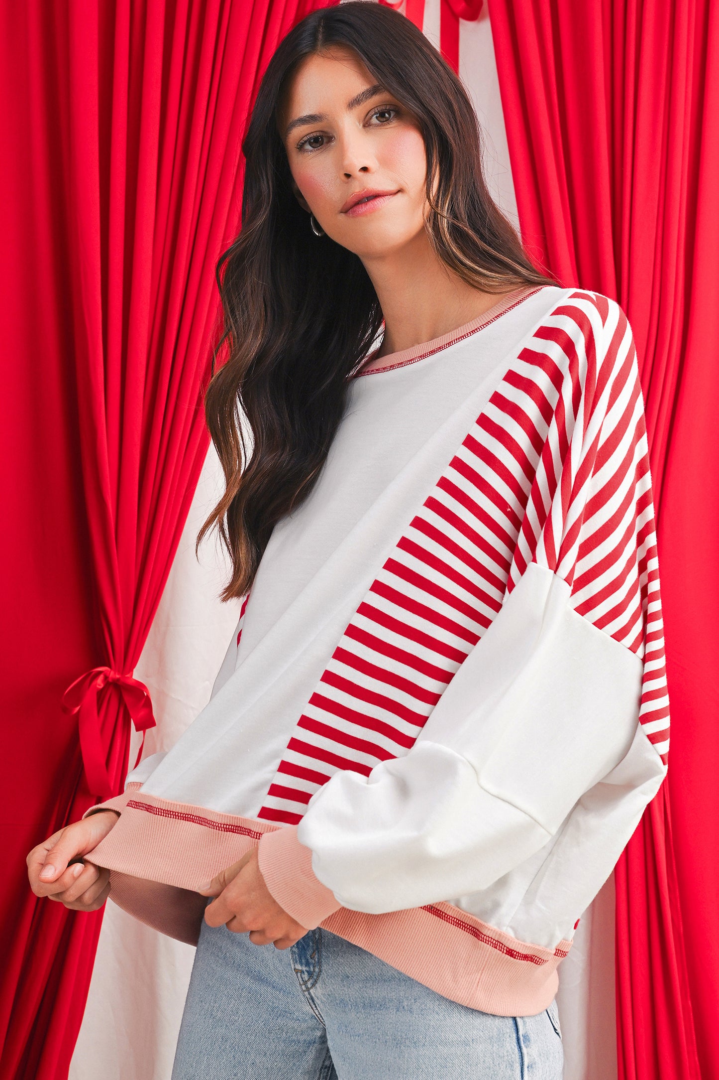 White Striped Colorblock Patchwork Oversized Sweatshirt