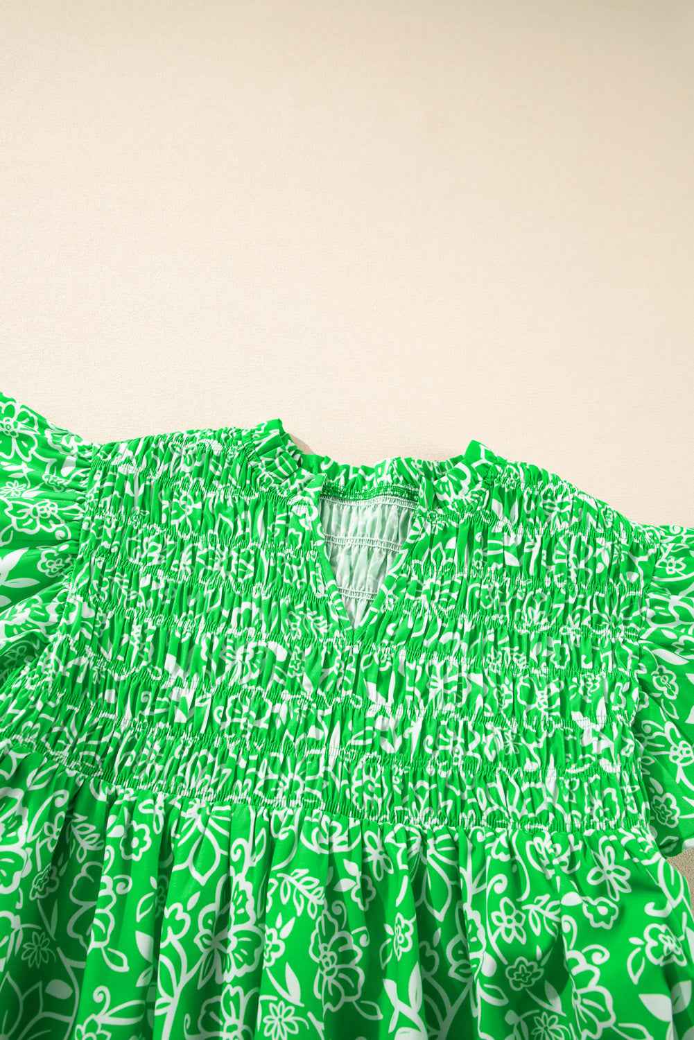 Green Floral Smocked Boho Plus Size Blouse