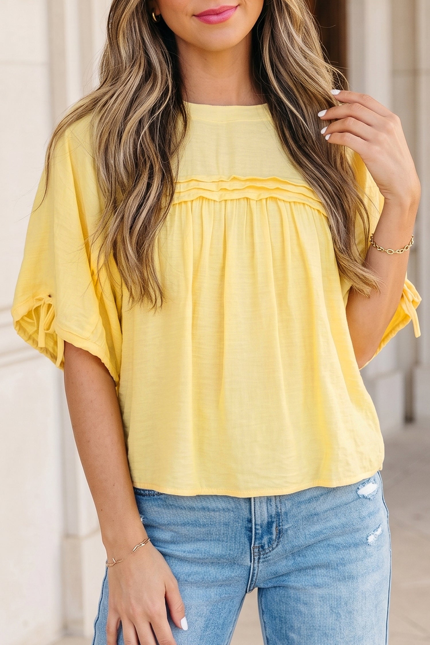 Mist Blue Tie Half Sleeve Pleated Detail Babydoll Blouse