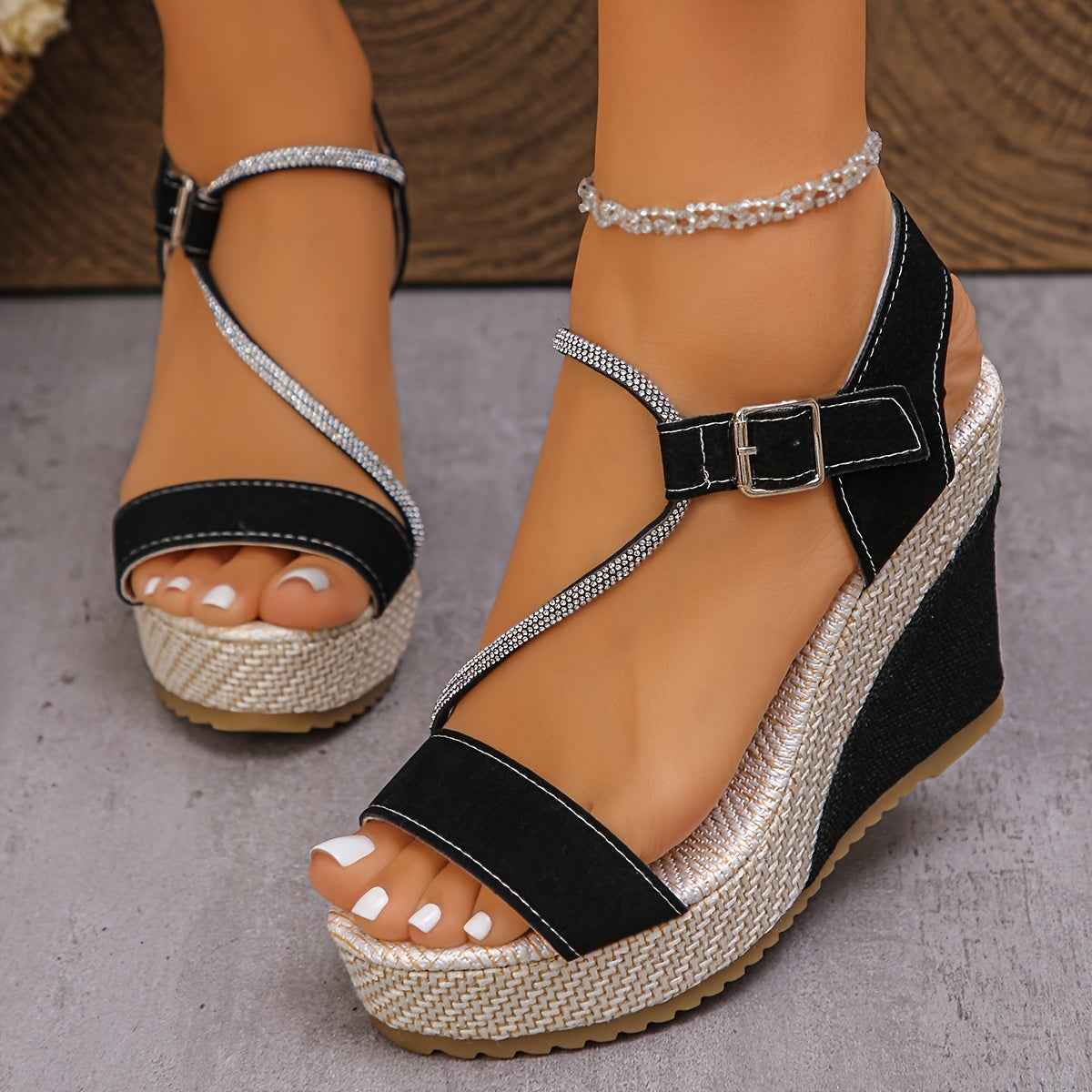 Sparkling Rhinestone Braided Wedge Sandals for Chic Summer Style