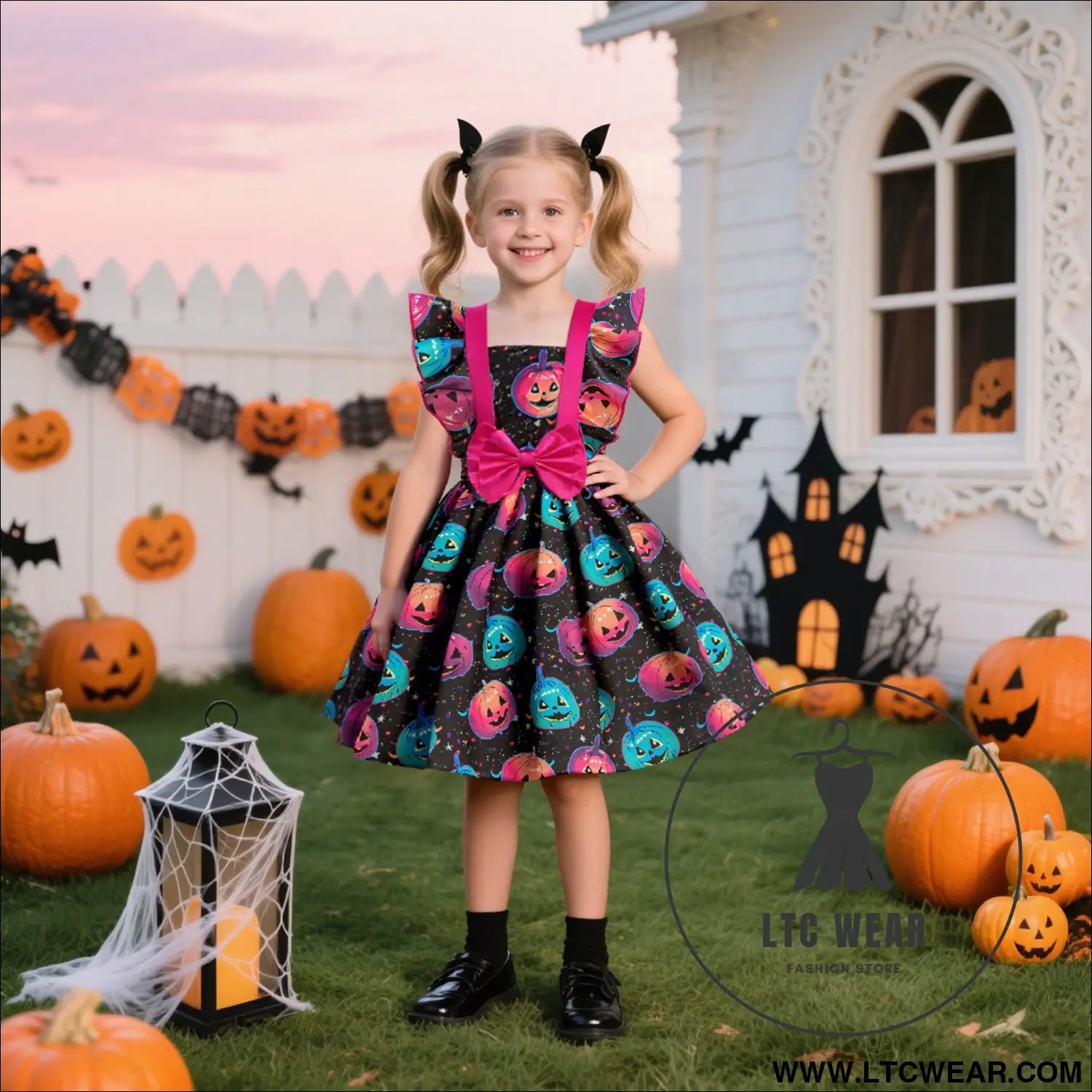 Fairy tale print satin dress for girls halloween princess dress children’s formal wear dress