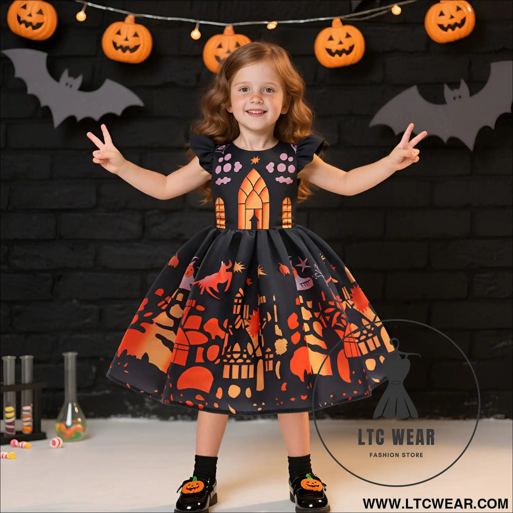 Fancy halloween printed satin dress for kids princess party costume dress