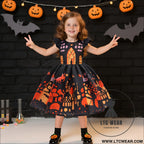 Fancy halloween printed satin dress for kids princess party costume dress