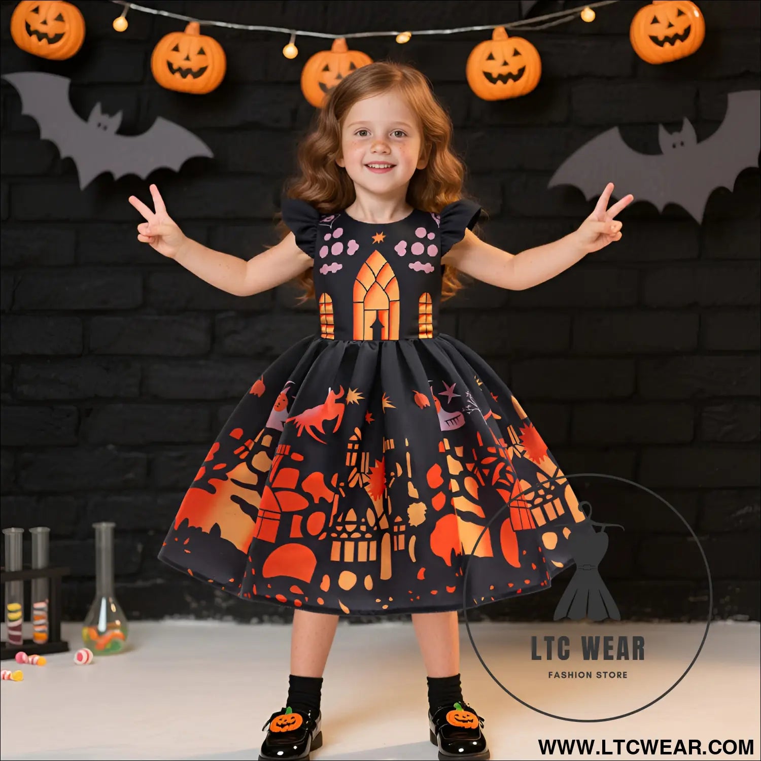 Fancy halloween printed satin dress for kids princess party costume dress