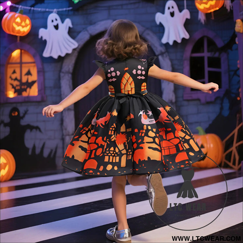 Fancy halloween printed satin dress for kids princess party costume dress