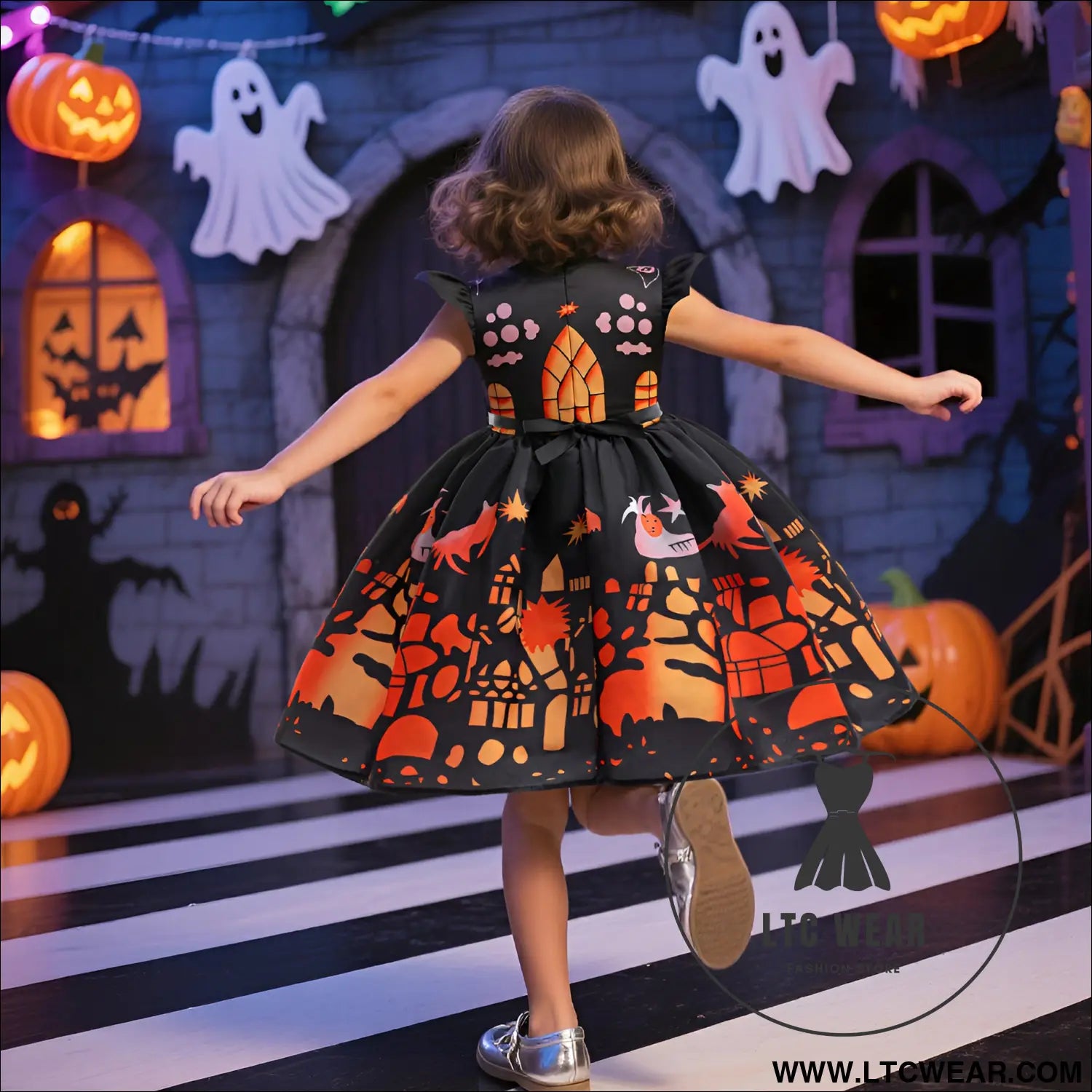 Fancy halloween printed satin dress for kids princess party costume dress