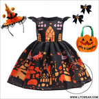 Fancy halloween printed satin dress for kids princess party costume dress
