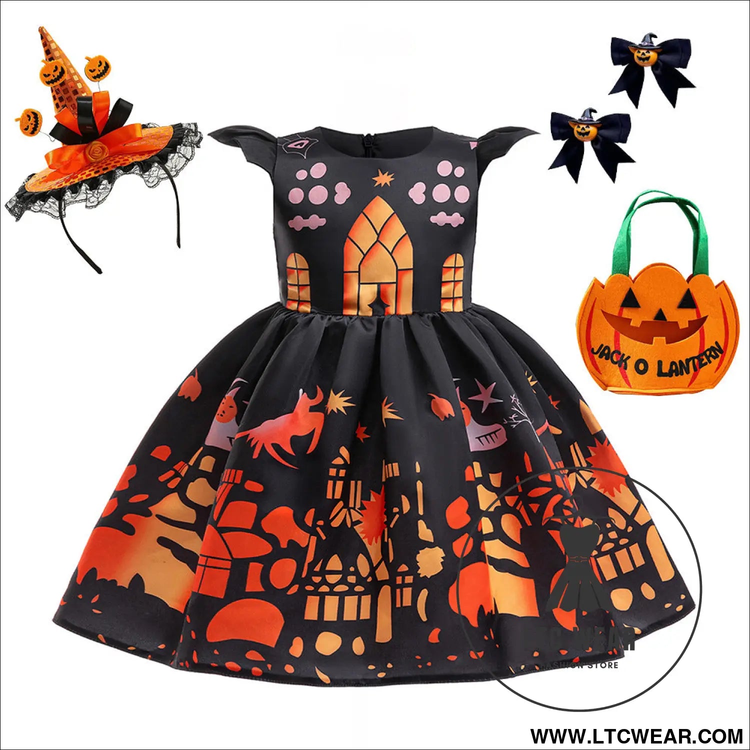 Fancy halloween printed satin dress for kids princess party costume dress