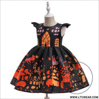 Fancy halloween printed satin dress for kids princess party costume dress - ws060-black orange / 110cm/4y