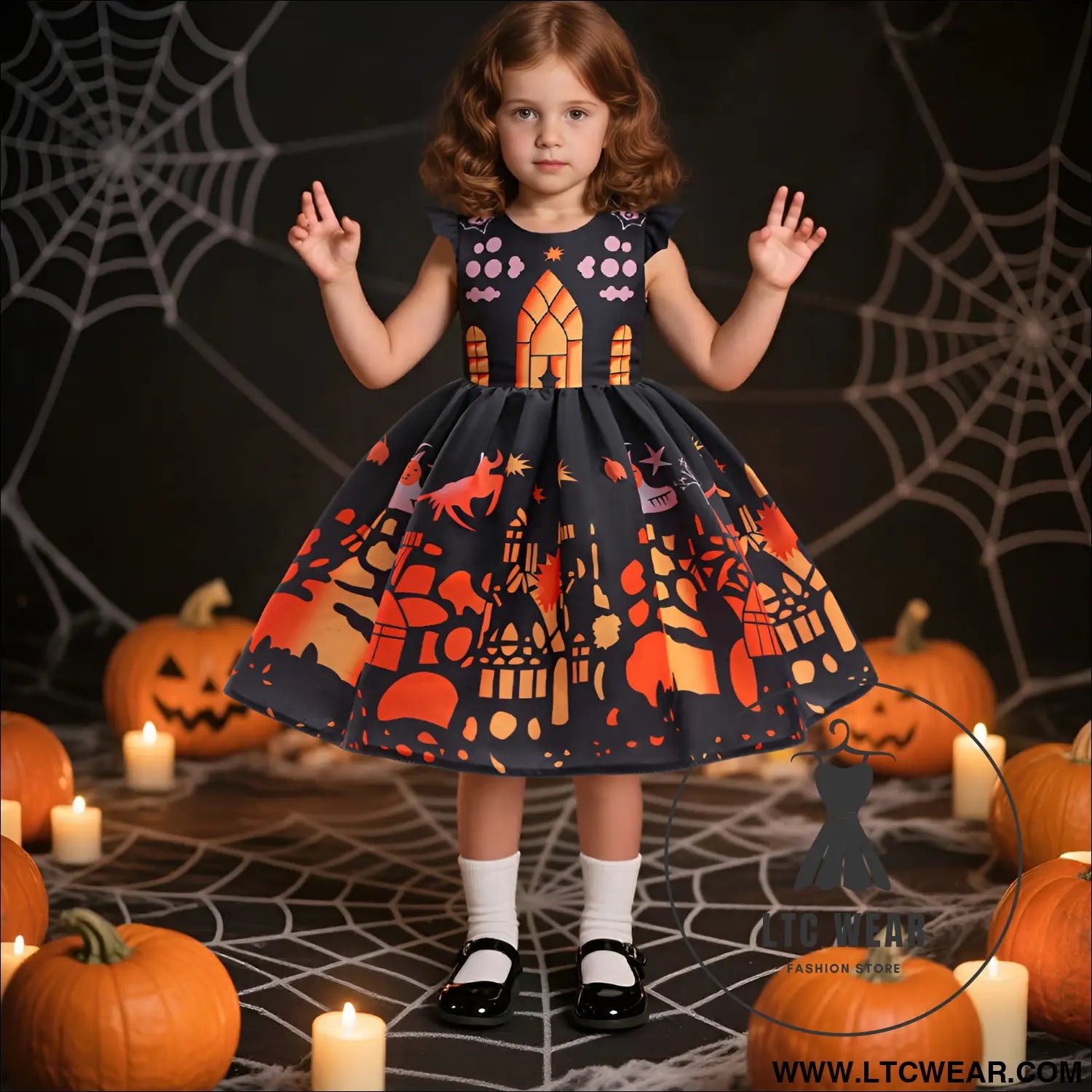 Fancy halloween printed satin dress for kids princess party costume dress