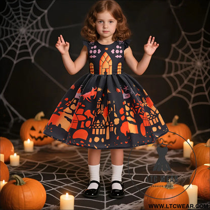Fancy halloween printed satin dress for kids princess party costume dress