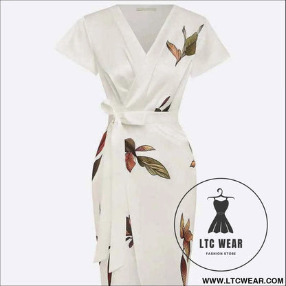 Fashion Satin Printed Belted Dress