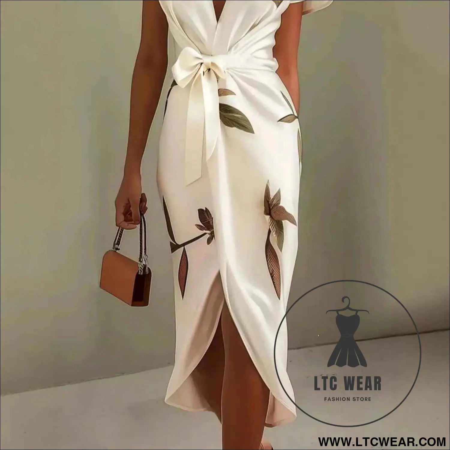 Fashion Satin Printed Belted Dress