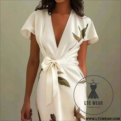 Fashion Satin Printed Belted Dress