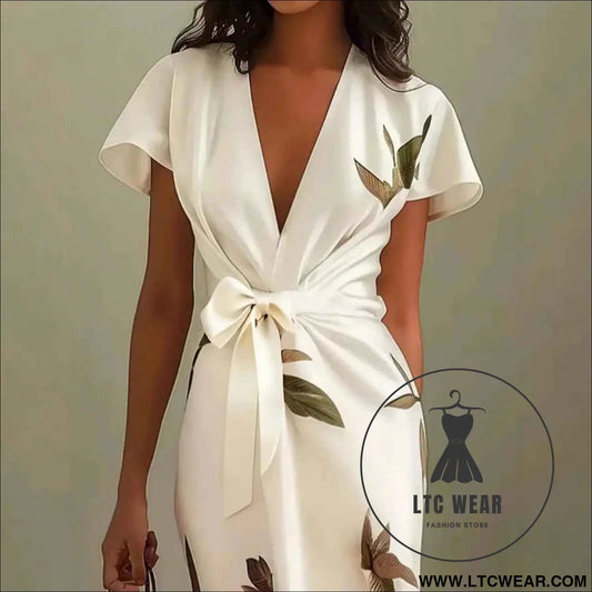 Fashion Satin Printed Belted Dress