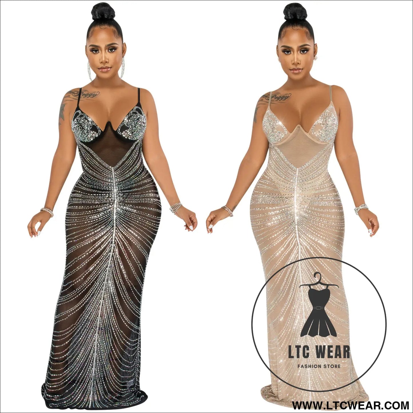 Fashion sexy beaded strapless sheer mesh long dress