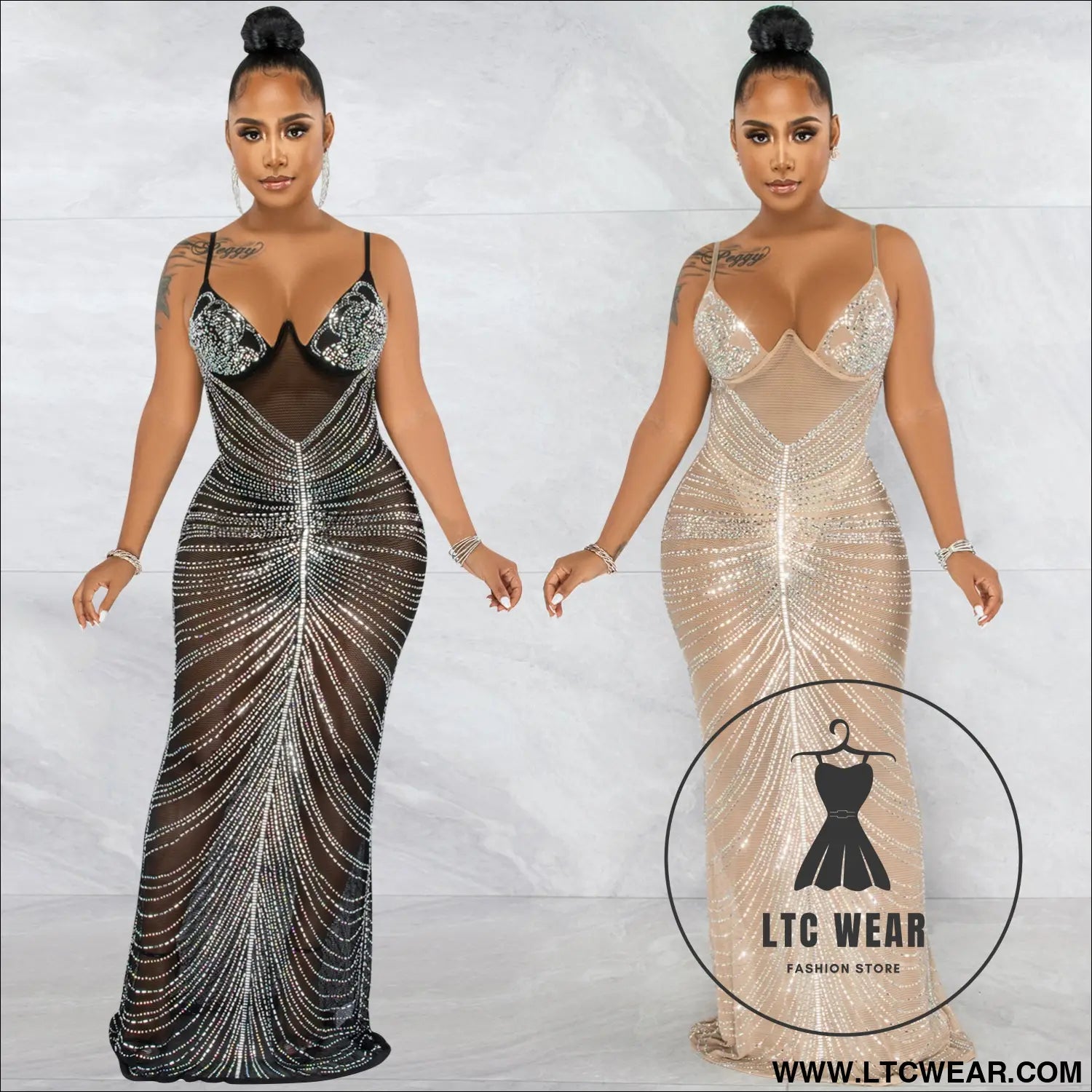 Fashion sexy beaded strapless sheer mesh long dress