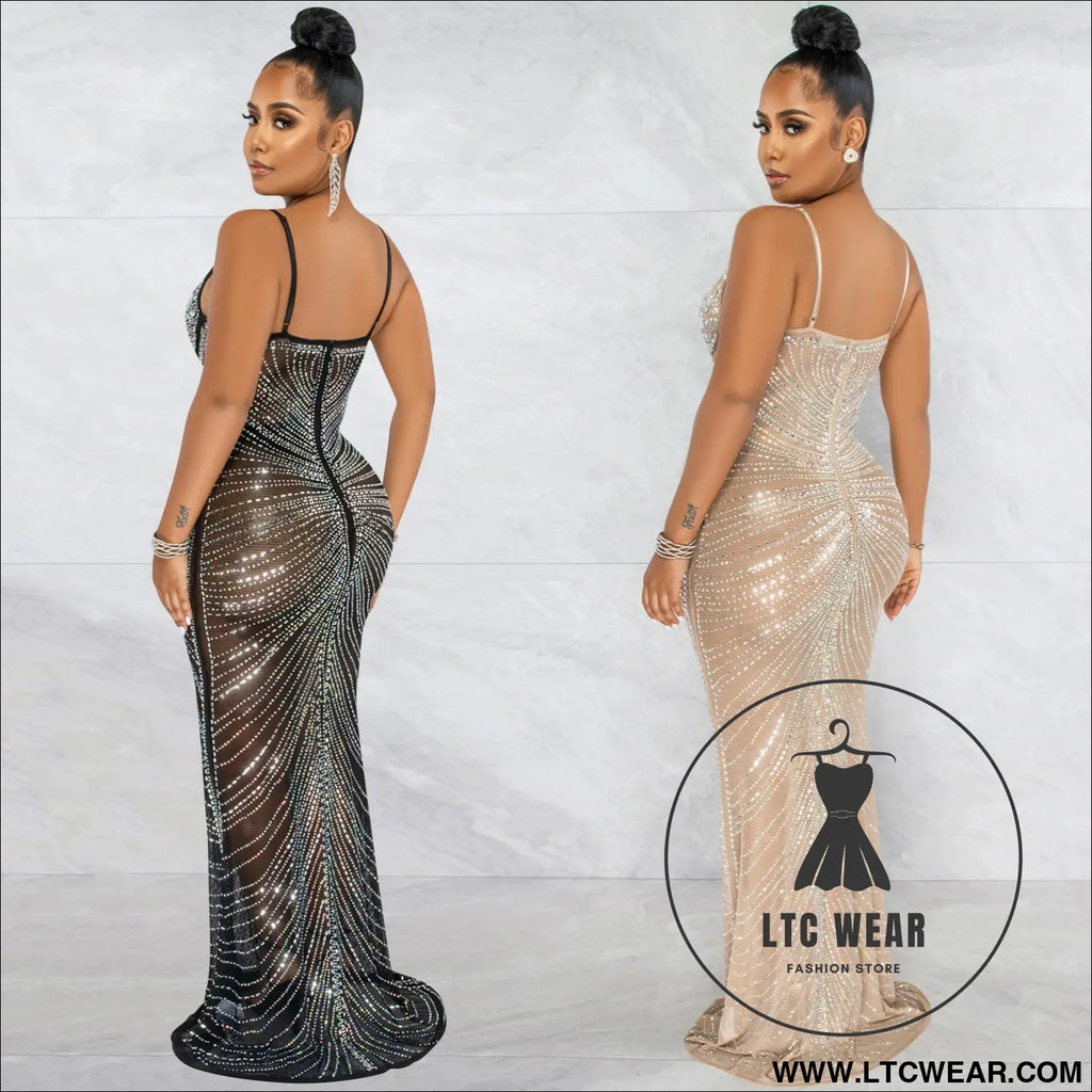 Fashion sexy beaded strapless sheer mesh long dress