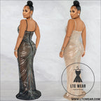 Fashion sexy beaded strapless sheer mesh long dress