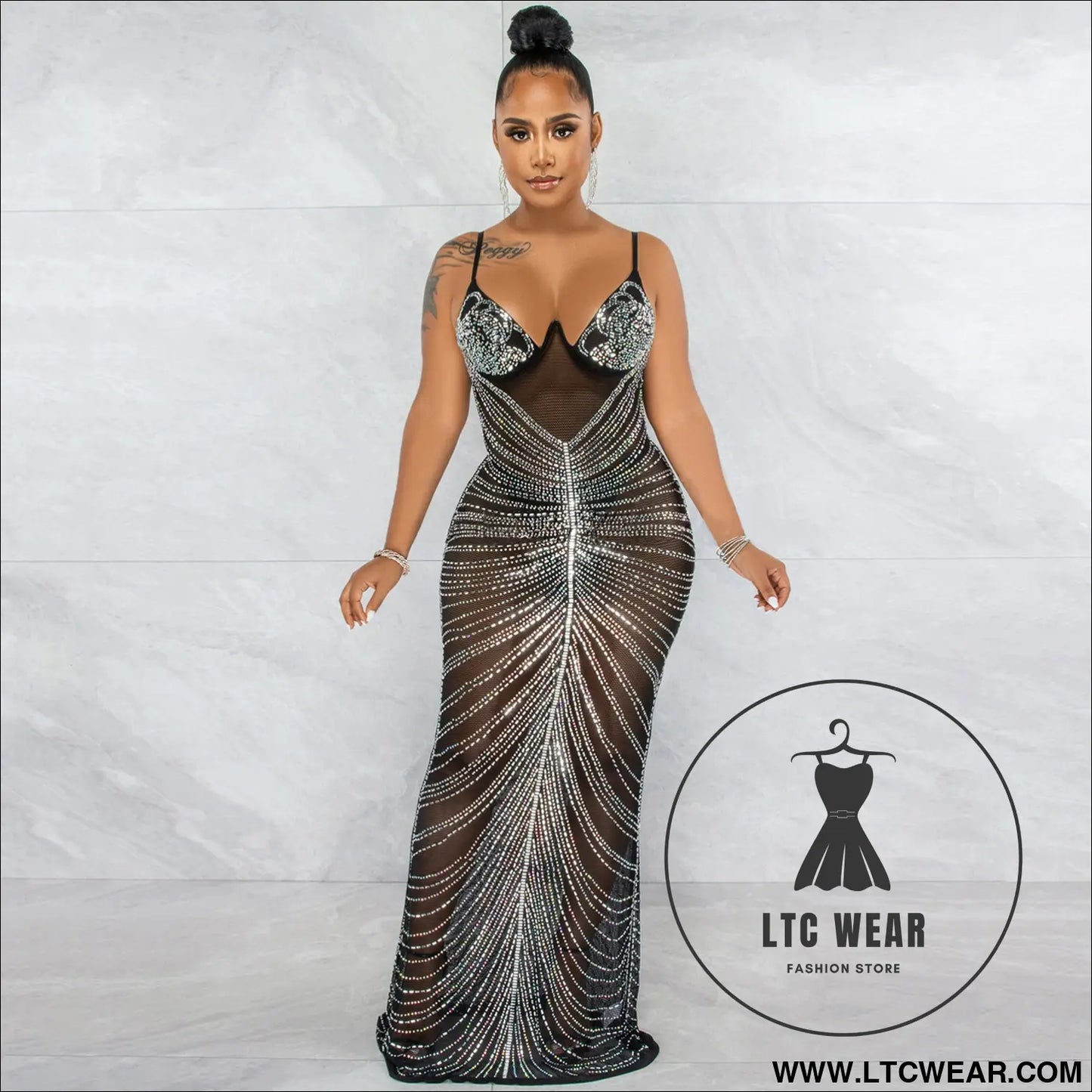 Fashion sexy beaded strapless sheer mesh long dress