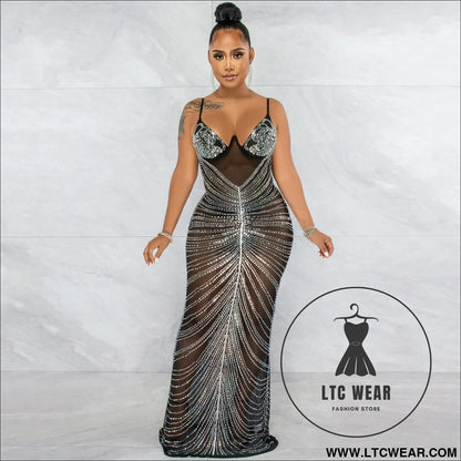 Fashion sexy beaded strapless sheer mesh long dress