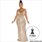 Fashion sexy beaded strapless sheer mesh long dress - apricot / s