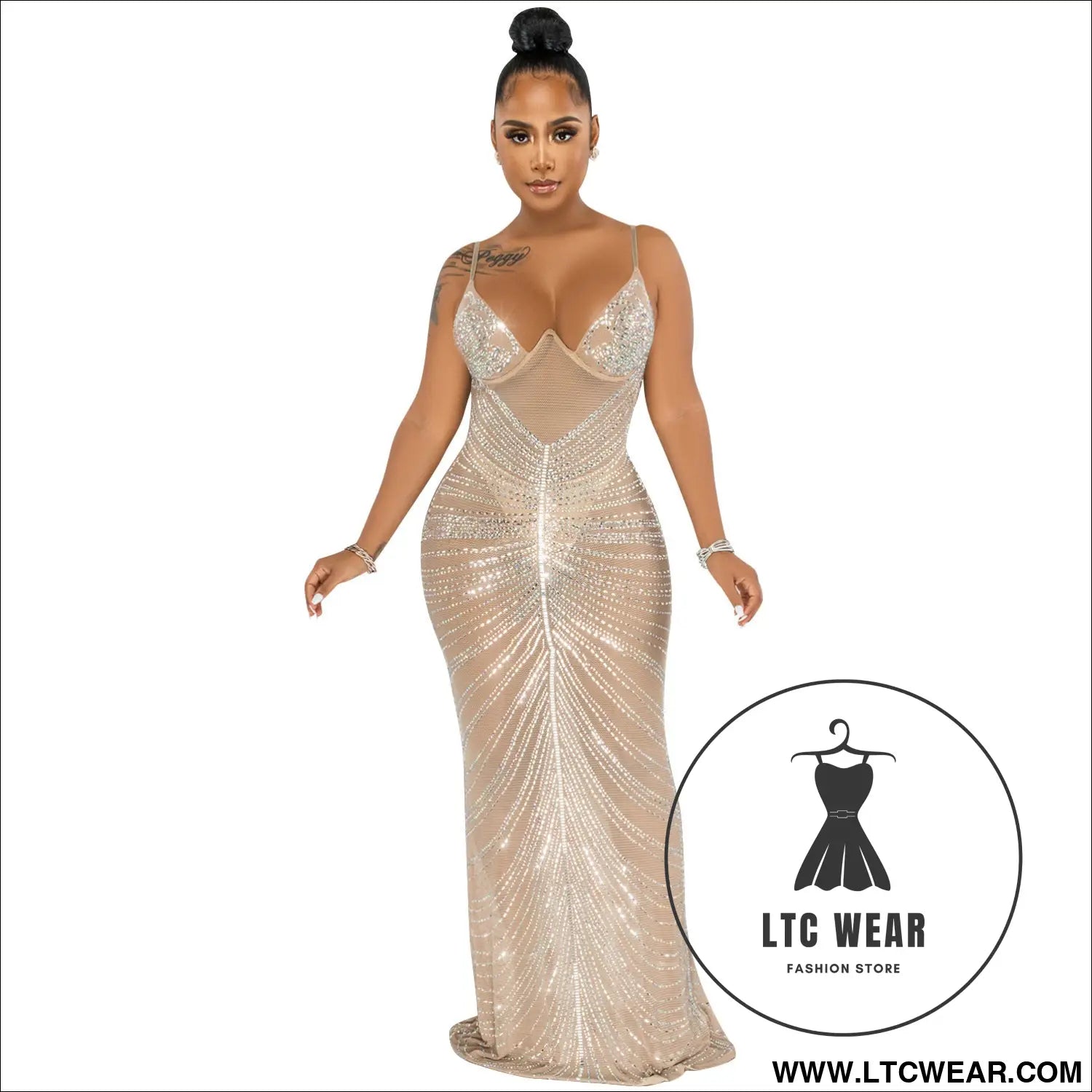 Fashion sexy beaded strapless sheer mesh long dress - apricot / s