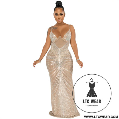 Fashion sexy beaded strapless sheer mesh long dress - apricot / s