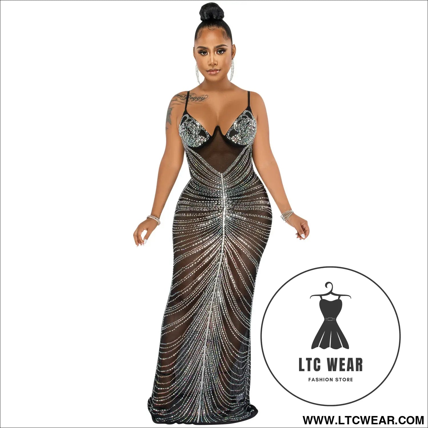 Fashion sexy beaded strapless sheer mesh long dress - black / s