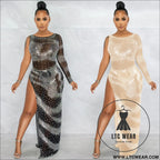 Fashion sexy nightclub rhinestone single long sleeve irregular slit maxi dress
