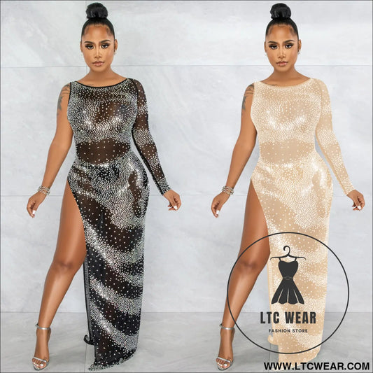 Fashion sexy nightclub rhinestone single long sleeve irregular slit maxi dress