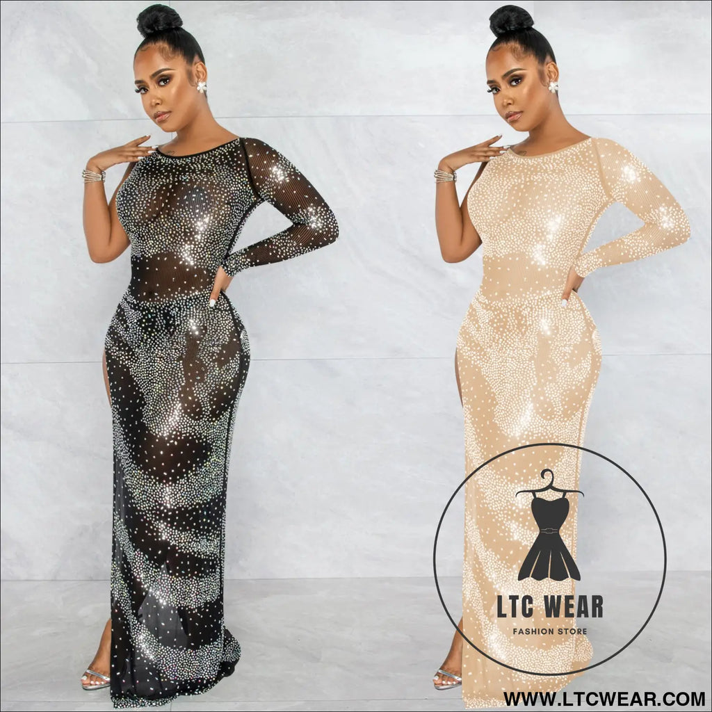 Fashion sexy nightclub rhinestone single long sleeve irregular slit maxi dress