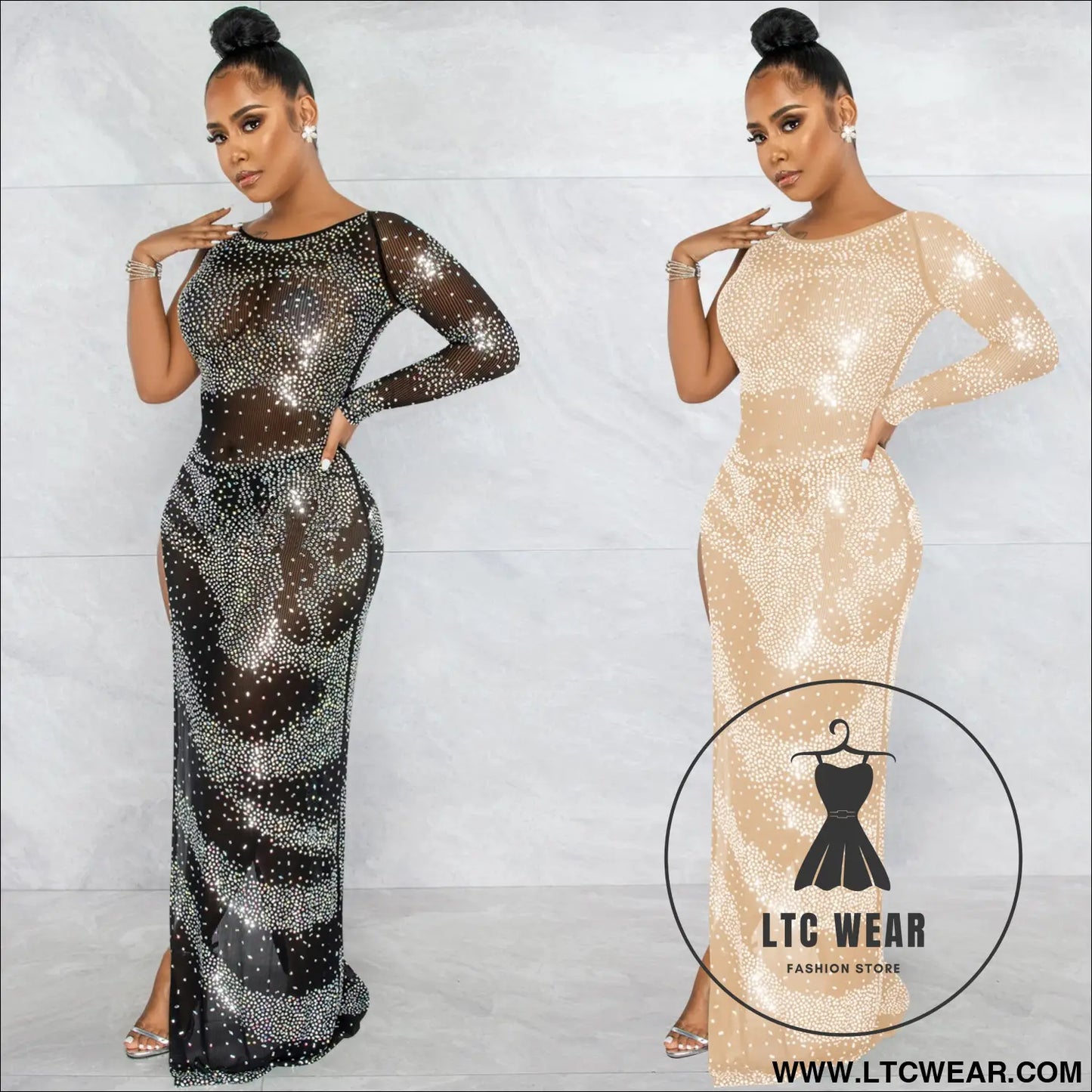 Fashion sexy nightclub rhinestone single long sleeve irregular slit maxi dress