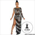 Fashion sexy nightclub rhinestone single long sleeve irregular slit maxi dress - black / s