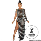 Fashion sexy nightclub rhinestone single long sleeve irregular slit maxi dress - black / s