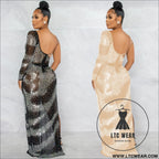 Fashion sexy nightclub rhinestone single long sleeve irregular slit maxi dress